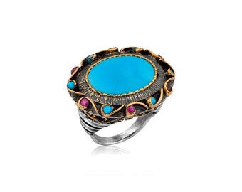 Turquoise Ring with Rubies, Statement Ring, Silver Turquoise Ring, Big Ring, Ruby Ring, Cocktail Ring, Unique Ring,   Gift For Her