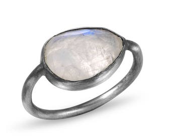 Oxidized Silver Rainbow Moonstone Ring Gift For Her