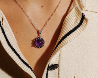 Amethyst round rhodium plated vintage inspired pendant , sterling silver, rose gold and gold plated avaliable