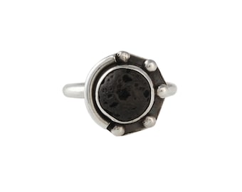 Silver Black Lava Rock Ring, Lava Ring, Natural Gemstone, Statement Ring, Healing Ring, Oxidized Silver Ring, Two Stoned Ring, For Her