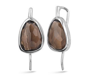 Silver Flat Smokey Quartz Earrings Gift For Her