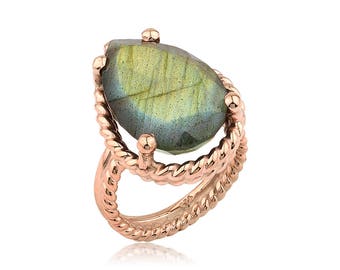 Twisted Wire Silver Labradorite Rose Gold Ring