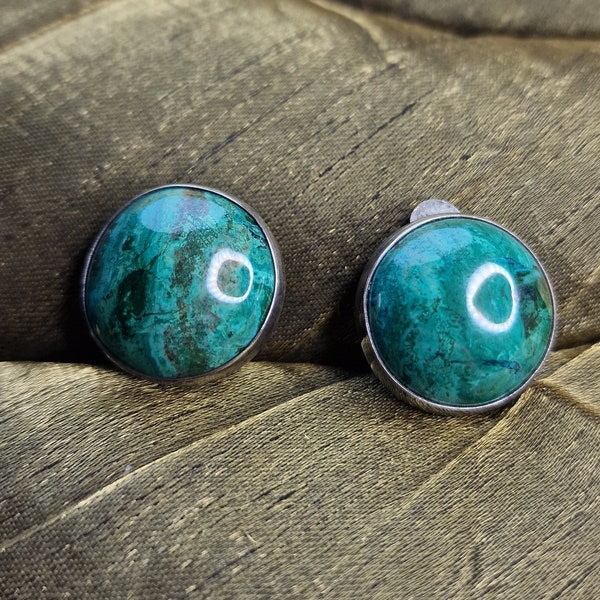 Old chrysocolla ear clips 925 sterling silver vintage, solid