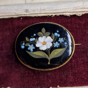 Art Nouveau Large painted glass brooch black, floral, gold plated, similar to pietra dura, true vintage, hand painted