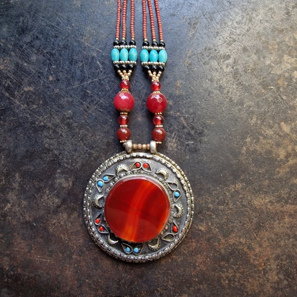 Collier cornaline indien ancien, avec quartz rubis, turquoise, onyx, fait main, collier rouge, original Inde, ethno, look superposé