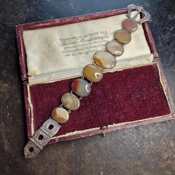 Vintage Victorian Bracelet Scottish Agate & Sterling Silver Link Buckle Bracelet Rare England