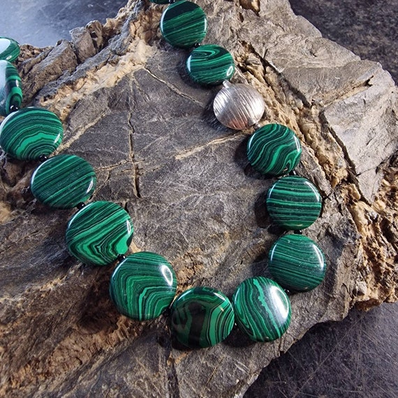 Designer malachite necklace, with 925 silver ornaments and clasp, lens chain, green, layered look, boho