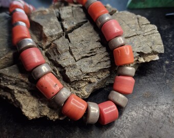 Colar de vidro coral africano antigo, contas de negociação, enfeites e fecho de prata 925, étnico, boho