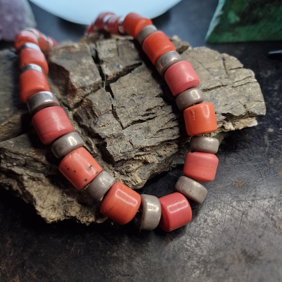 Old African coral glass necklace chain trading beads 925 silver ornaments and clasp, ethno, boho