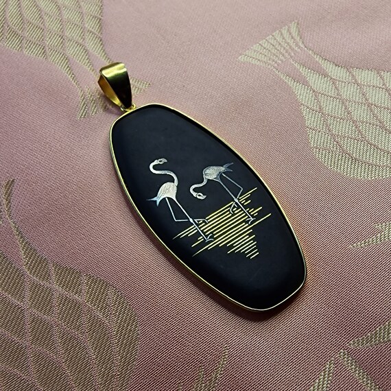 Vintage Damascus, flamingos jewelry from Japan, 18K gold plated, pendant, 50s, iron, brass, handmade, birds