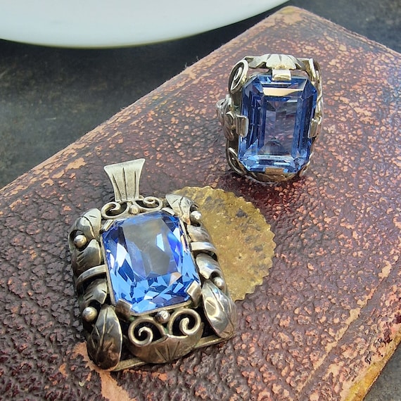 Art Nouveau 835 silver aquamarine jewelry set, Art Nouveau, True Vintage, blue stone, around 1930, handmade, ring and pendant