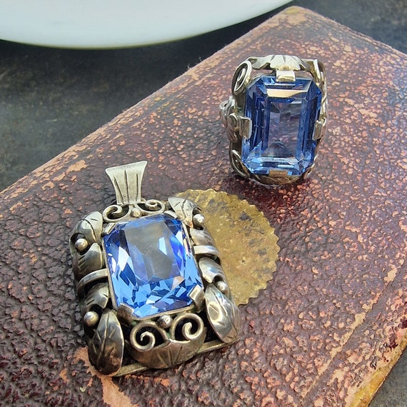 Art Nouveau 835 silver aquamarine jewelry set, Art Nouveau, True Vintage, blue stone, around 1930, handmade, ring and pendant