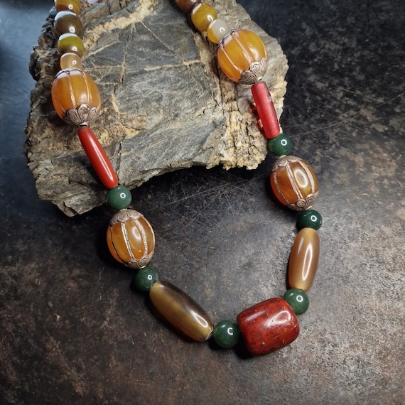 Old Moroccan Berber necklace glass, agate, bakelite, catalin, jade handmade unique, Africa, Tuareg jewelry, Bedouin, tribal,