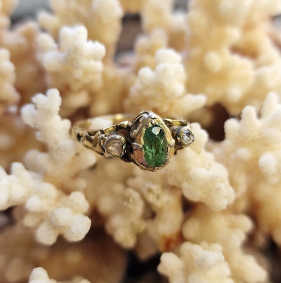 Gründerzeit diamond & emerald ring silver, peasant ring, Victorian design, floral green engagement, love floral cottage, true vintage