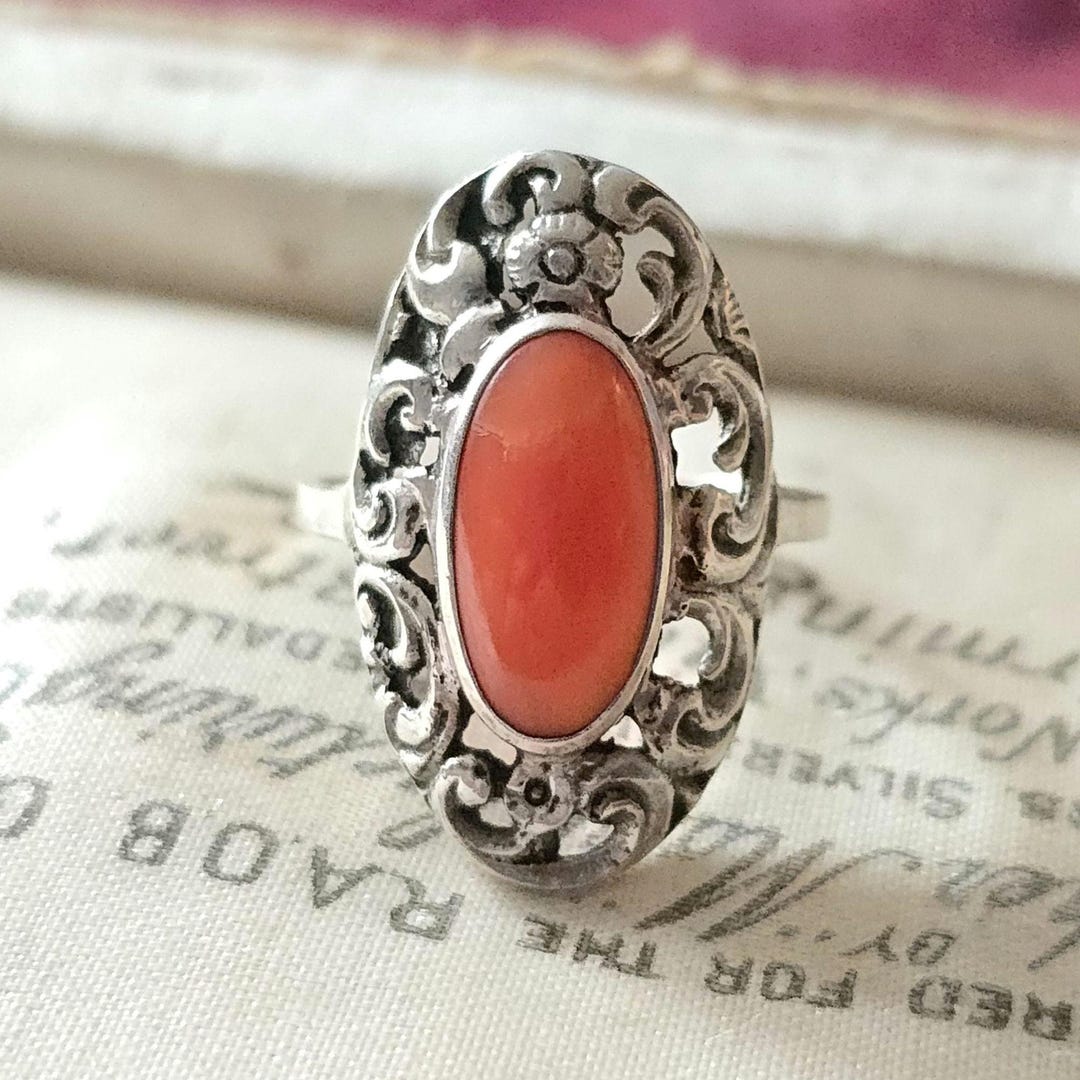 Art Nouveau 835 Silver Ring, Art Deco, True Vintage, Coral, Around