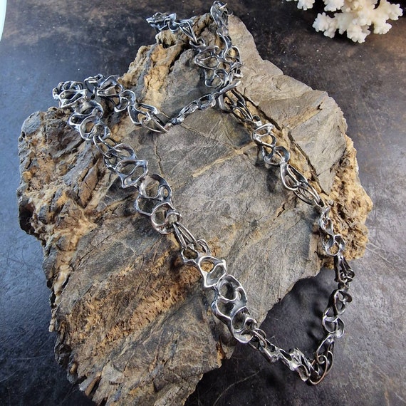 Midcentury chain, sterling silver, Finland, design, abstract, solidly worked, link chain, 935 silver, brutalist design