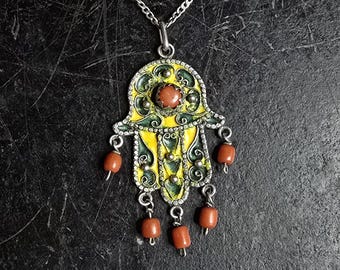 Old Berber jewelry chain hand, silver, real coral and enamel, original vintage Berber, Tuareg, Silver, solid