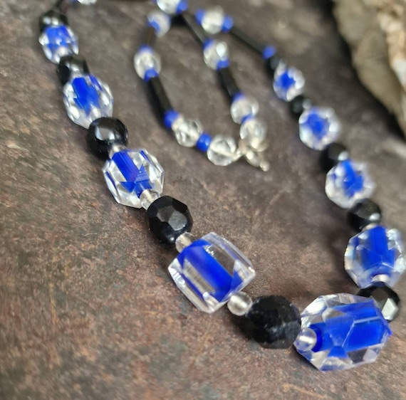 Rare Art Deco cut glass chain blue crystal cut glass handwork