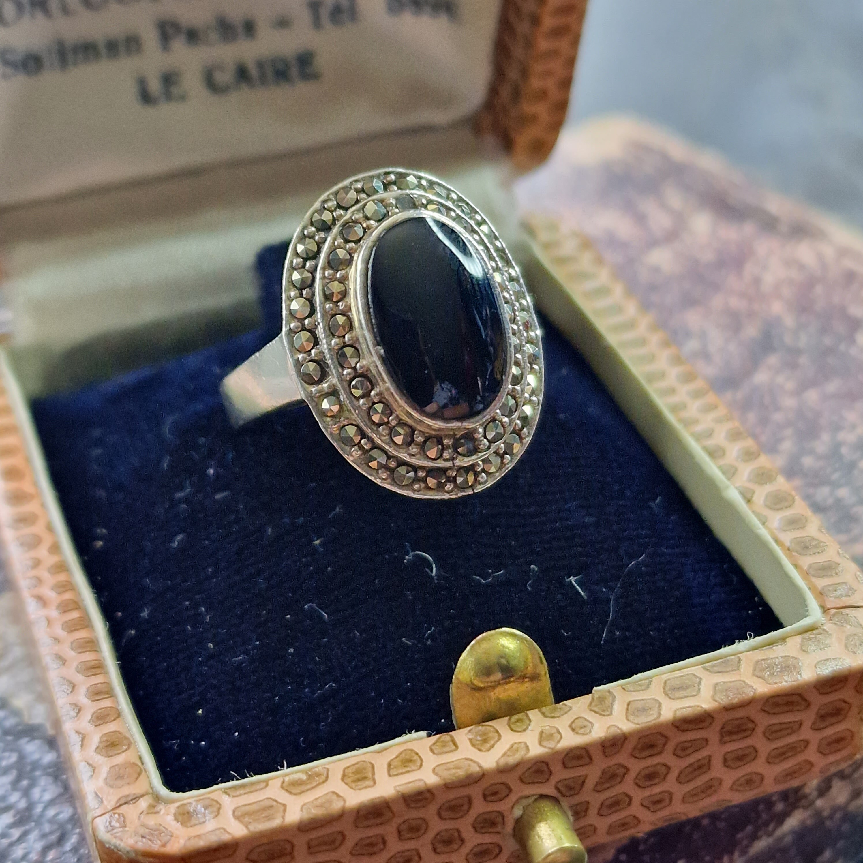 Bague Argent 925 Style Art Déco - Onyx Et Marcassites - Taille 50 - Panier 24x18 Mm