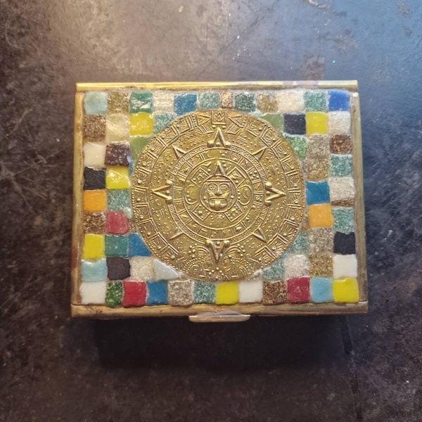 Rare Salvador Teran Mexican Brass & Mosaic Box Tin Aztec Mexico