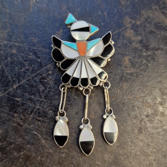 Native American Zuni Dishta Sterling Silver Onyx Shell Thunderbird Pin/Pendant, Tribal, Ethno, Navajo Jewelry, Brooch, Turquoise, Mother of Pearl