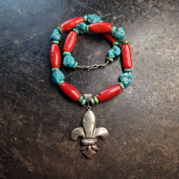 Designer coral and turquoise necklace with 925 clasp and pendant, french lily, layered look, tribal