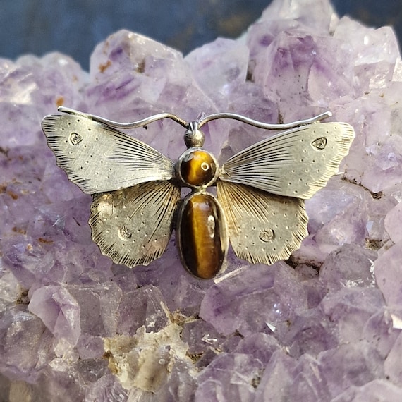 Old chinese butterfly brooch, sterling silver, tiger eye, chinese export, asiatika, true vintage