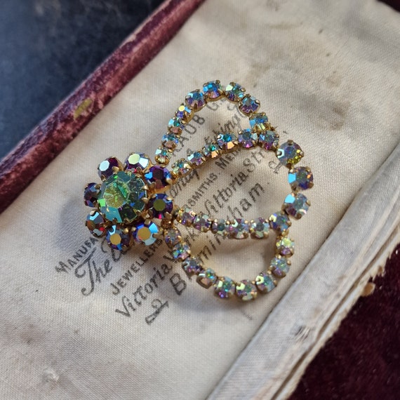 Vintage Rhinestone Jewelry, Vintage Brooch, Aurora Borealis, Antique 1950s Brass, Crystal, Statement Jewelry,