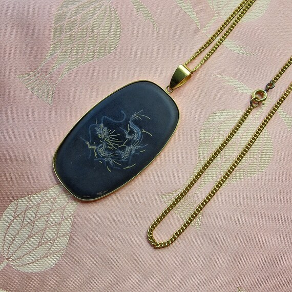 Vintage Damaszener Amita Kette, Collier, Drachen schmuck aus Japan, 18K vergoldet, Anhänger, 50s, Eisen, Messing, Handarbeit, dragon