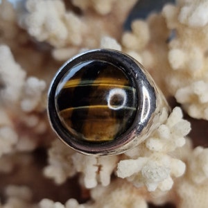 May include: A silver ring with a round tiger's eye gemstone.