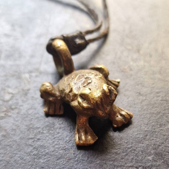 African pendant made of bronze, frog on leather strap, brass, handmade, unique, Africa, tribal, boho
