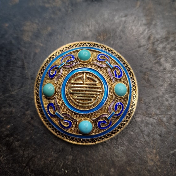 Old Chinese export brooch silver gilded, genuine silver with turquoise and cloisonne. lucky symbol