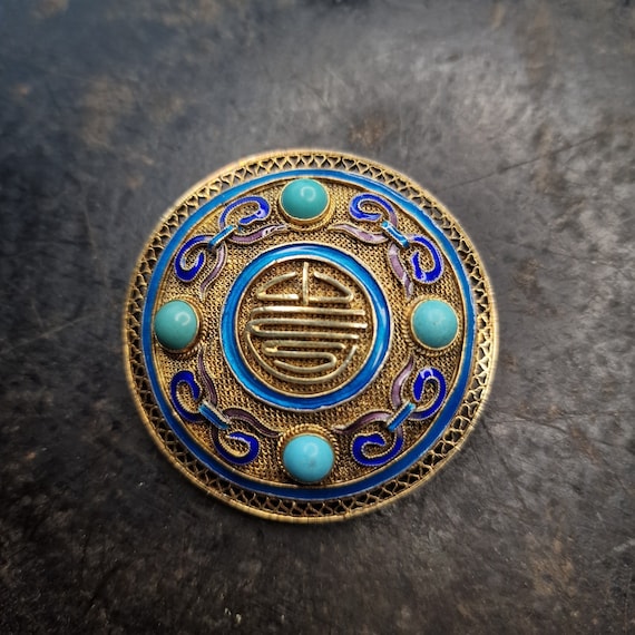 Old Chinese export brooch silver gilded, genuine silver with turquoise and cloisonne. lucky symbol