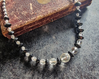 Art Nouveau 20s glass necklace black, white, disk, cut ball cut glass, checkerboard, True Vintage, cottage