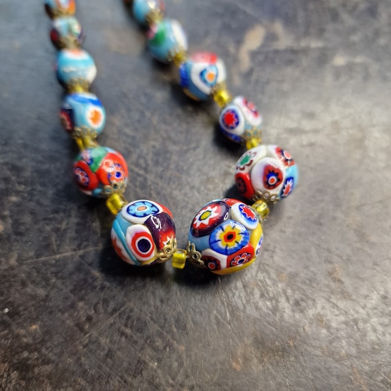 Vintage Murano Millefiori necklace, chain, flower, venetian, true vintage, colorful glass chain, Murano Millefiori, long