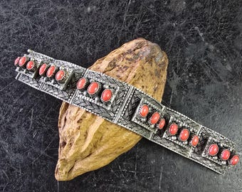 XL Egyptian Revival 800 Silver Bracelet Coral, Coral, Silver Magnificent, Filigree, true Vintage, ethno, tribal