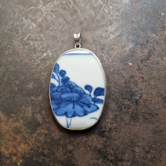 Old Chinese Porcelain Pendant Sterling Silver 925 Delft Handmade