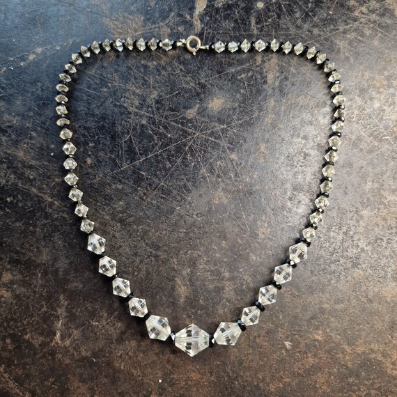 Art Nouveau 1920's glass necklace black, white ground ball cut glass, checkerboard