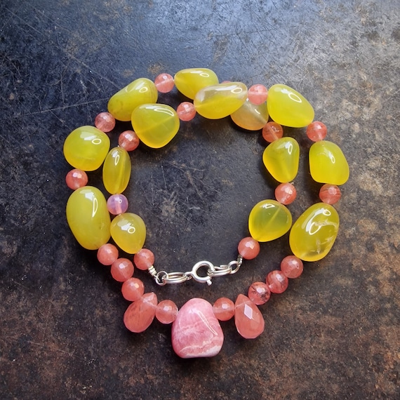 Designer necklace with yellow jade and rodochrosite, faceted rodochrosite, rough jade stone, handwork