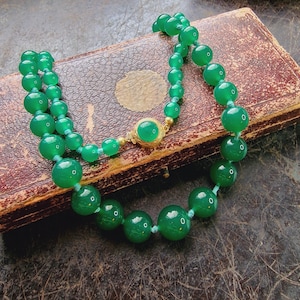 Vintage Art Nouveau glass chain, necklace, Art Deco glass chain green, gold plated, rare, bohemia, luck