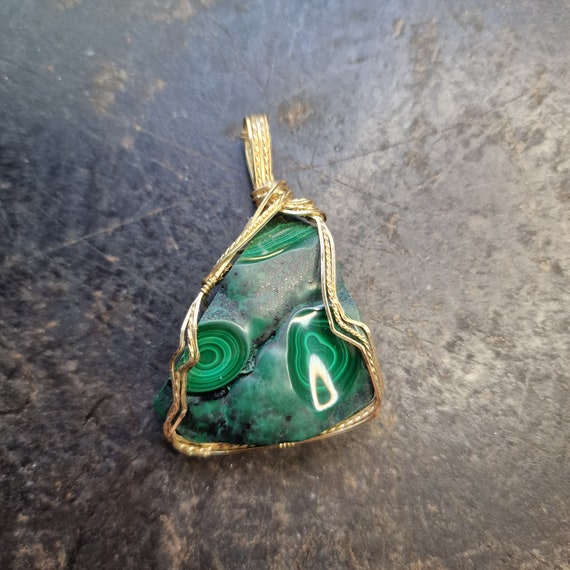 Forged malachite pendant 14 carat rolled gold handmade