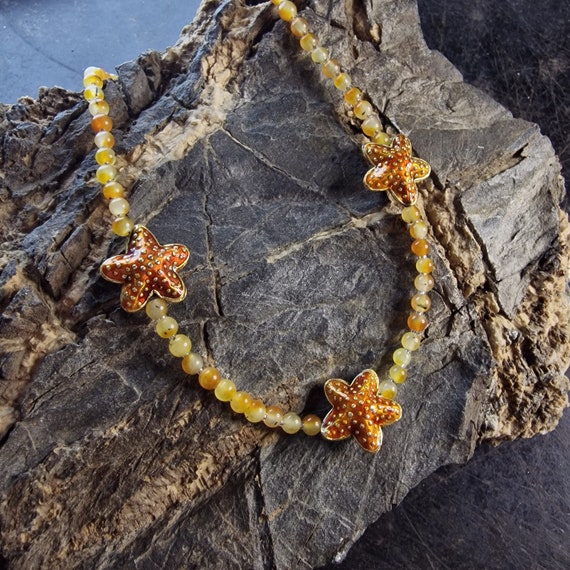Carnelian necklace, designer necklace, carnelian, rough stone, faceted with glass beads, cloisonnè, enamel, star, handwork, layered look