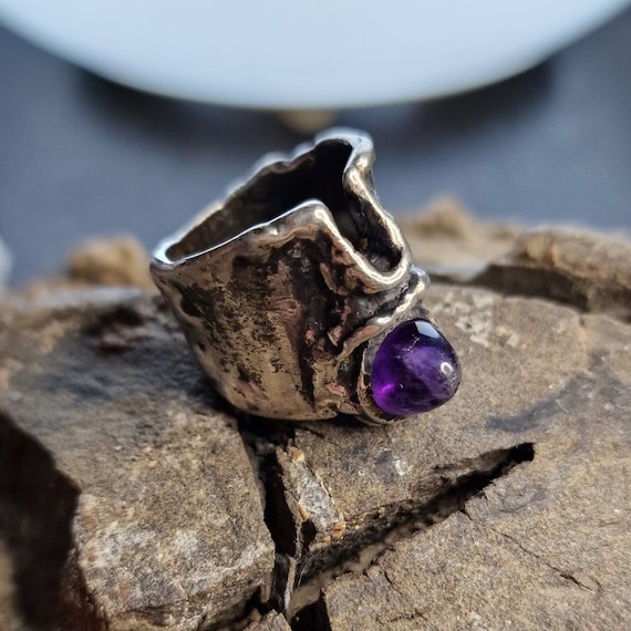 Burkhard & Monika solid 70s Oly ring silver 835 hallmarked with amethyst