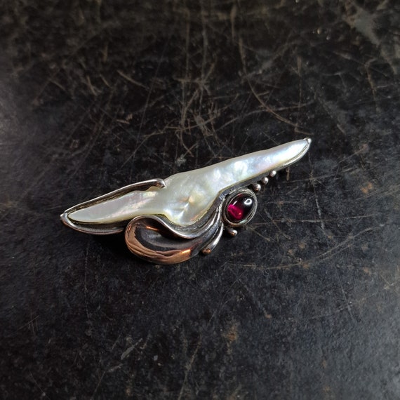 Designer brooch, sterling silver, garnet and mother-of-pearl, design, abstract, solid work, 925 silver, design, brooch, handmade