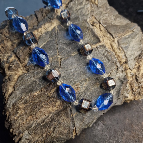 Rare Art Nouveu Murano cut glass chain blue crystal cut glass, Art Deco, 1920, handmade, mirror