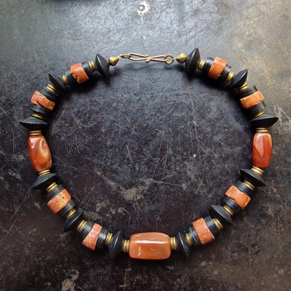 African necklace glass, agate, bakelite, catalin, brass, glass handmade unique, Africa, Tuareg jewellery, tribal, boho