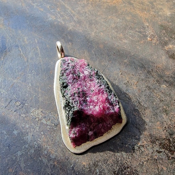 Designer ruby zoisite 925 sterling silver, forged, design, green violet, pendant, solid silver, designer jewelry