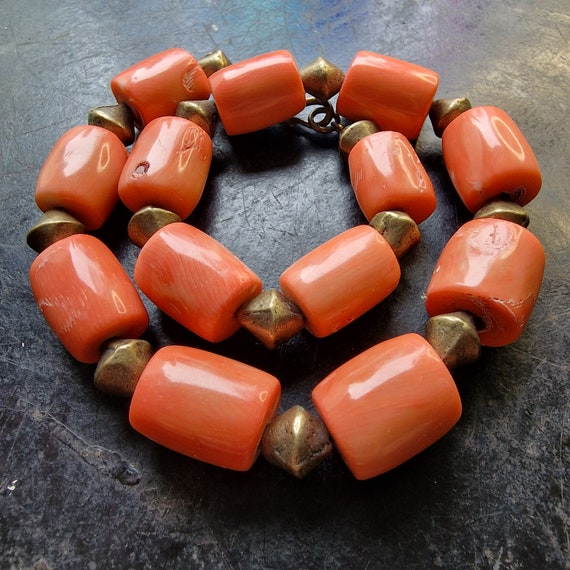 African coral, coral necklace, true vintage, bronze spacer beads and clasp, Tuareg, Berber, tribal, natural coral