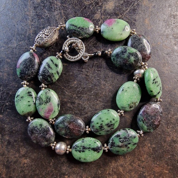 Gemstone chain ruby zoisite necklace, chain, oval, green, purple, handmade, tribal, boho, natural stone