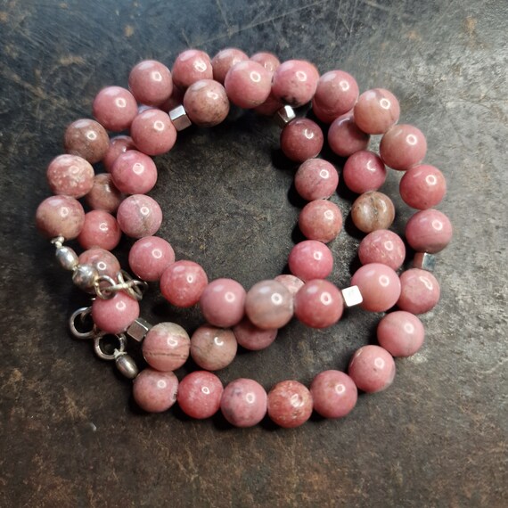 Rhodonite chain necklace with 925 silver ball chain handmade Ethno Boho natural stones